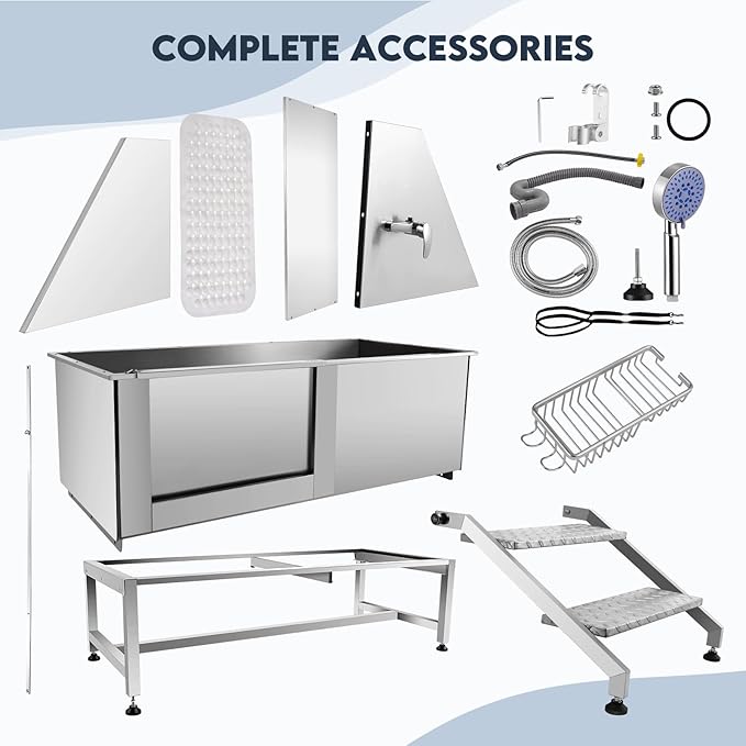 Dog Bathtub XL Professional 62inch Dog Washing Station Stainless Steel Pet Grooming Tub for Extra Large Dogs Wash Tub, Medium, Small Dogs Cats with Left Sliding Doors, Steps, Right Faucets-PawvioPets