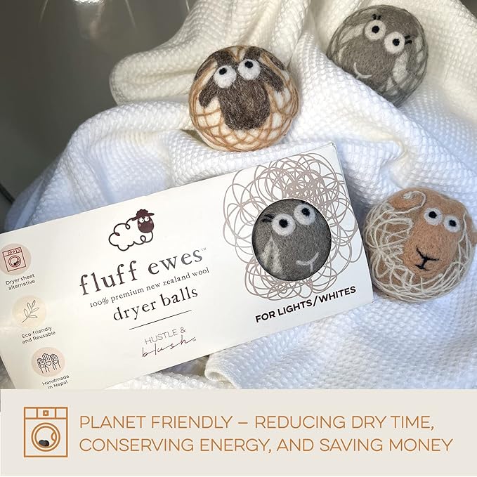 Fluff Ewes Wool Dryer Balls 3 Pack Premium New Zealand Wool Laundry Balls for Dryer, No Static Dryer Balls Laundry Reusable Cute - XL Wool Dryer Balls Cute, Baby Dryer Balls for Dryers - Lights-PawvioPets