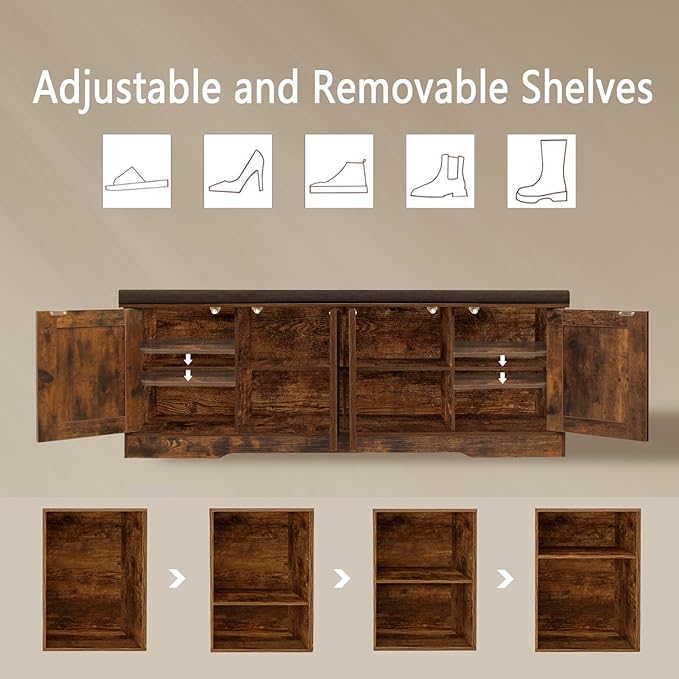 DINZI LVJ Shoe Bench, Entryway Storage Bench with Doors, Cushion, 2-Tier Shoe Rack with 8-Cubby, 47.2”L x 13.8”W Shoe Organizer Cabinet, Adjustable Shelf, Living Room, Bedroom, Rustic Brown-PawvioPets