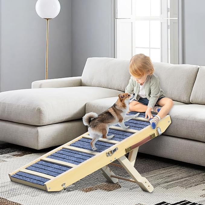 Dog Ramp for Bed, Upgraded 33" Long Portable Dog Ramp for Couch, Wood Folding Pet Ramp for All Breeds Small Old Dogs to Get on Bed, 4 Adjustable Heights 12.9" to 17.7"(Wood, Up to 50lbs)-PawvioPets