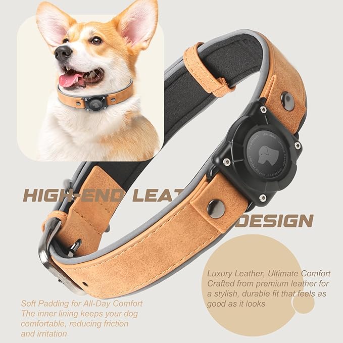 AirTag Dog Collar - Leather Dog Collar with Air Tag Holder | IPX8 Waterproof, Reflective, High - End, Adjustable Soft Padded | Dog GPS Tracker Collars Fit for Medium Large Dogs (Light Brown, XL)-PawvioPets