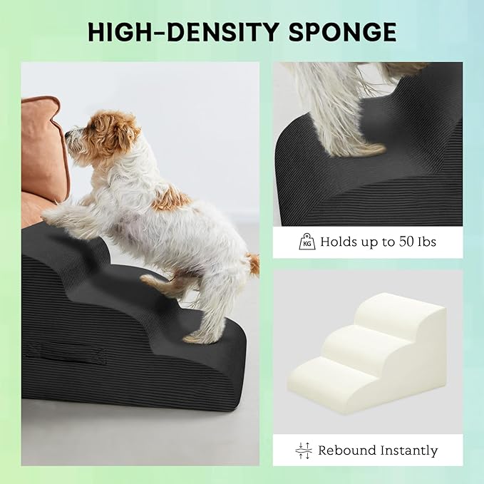 Dog Steps for Small Dogs, 3-Step Pet Ramp Stairs for High Beds and Sofa, Non-Slip Pet Stairs for Small Dogs and Cats, Removable and Easy to Clean Cover, Black-PawvioPets