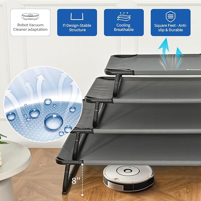 Elevated Dog Beds Extra Large Raised Dog Cots Outdoor Dog Bed Waterproof Pet Cots Stable and Easy Assembly, Teslin Fabric with 1.2mm Thick Iron Frame, Breathable, Ultra-Sturdy，Grey, 54*37*8.7-PawvioPets