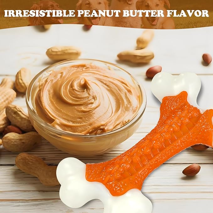 Dog Toys for Aggressive Chewers Large Breed, Tough Bones, Nylon Puppy Teething Chew Toys Medium Dogs, Heavy Duty Peanut Butter Flavor Toys-PawvioPets