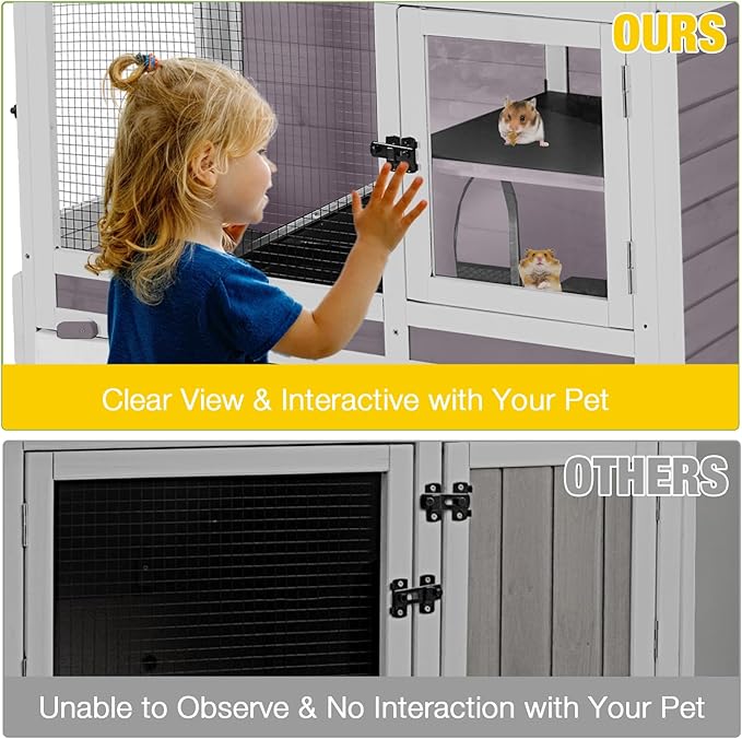 AIVITUVIN Wooden Guinea Pig Cage Indoor with Cooling Plate and Anti-Chewing Edges Two-Story Rabbit Hutch Pull Out Tray Outdoor Rabbit Cage with Raised Stand and Wire Mesh Small Animals Cage (Grey)-PawvioPets