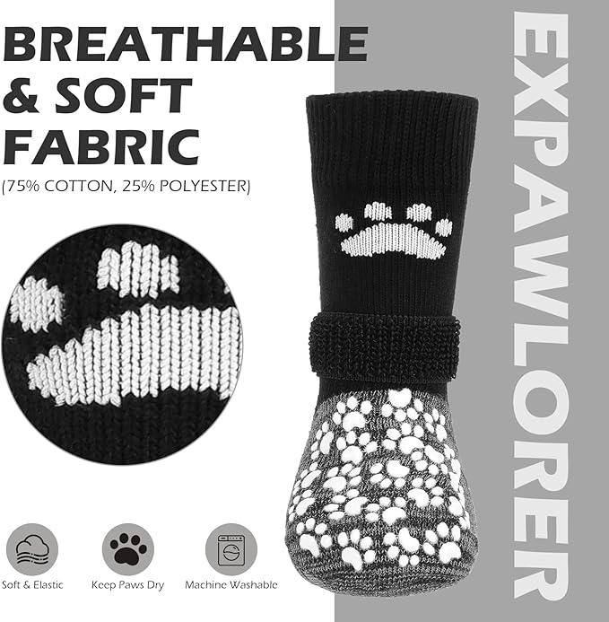 EXPAWLORER Anti Slip Dog Socks to Prevent Licking Paws, Shoes for Hot Pavement, Dog Booties for Small Medium Large Senior Dogs, Traction Control Boots & Paw Protectors for Hardwood Floors Black&Grey-PawvioPets