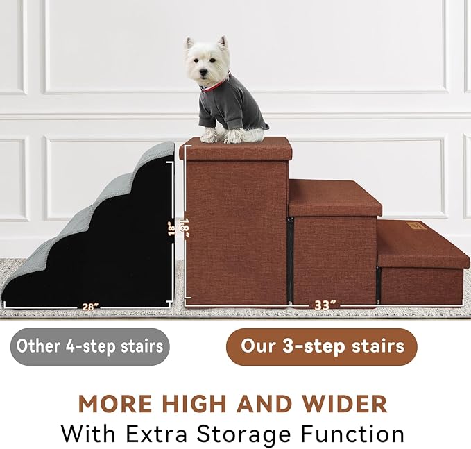 Dog Stairs with Storage 18" H, 3-Step Wider Dog Steps for Small/Medium/Large Old Dogs Cats, Folding Sturdy Pet Stairs Climbing Bed Couch, Ramp for Car Hold Up to 200 lbs (Brown, No Condo)-PawvioPets