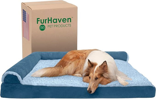 Furhaven Cooling Gel Dog Bed for Large Dogs w/ Removable Bolsters & Washable Cover, For Dogs Up to 125 lbs - Two-Tone Plush Faux Fur & Suede L Shaped Chaise - Marine Blue, Jumbo Plus/XXL-PawvioPets