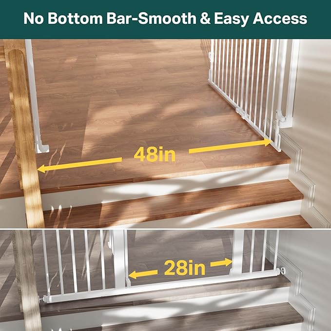 Cumbor 34" Extra Tall No Bottom Bar Baby Gate for Stairs, Auto Close Dog Gate Indoor for Larger Pets, 31.6-48" Hardware Mounted Safety Gate for Doorways, Wide Walk Thru Door for Easy Access (White)-PawvioPets