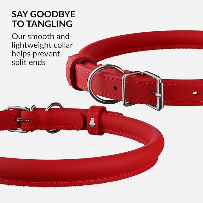 CollarDirect Rolled Leather Dog Collar, Soft Padded Round Puppy Collar, Handmade Genuine Leather Collar Dog Small Large Cat Collars 13 Colors (11-14 Inch, Red Smooth)-PawvioPets