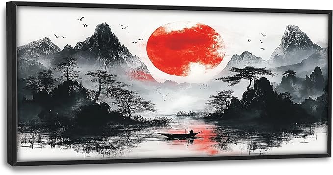 Framed Large Japanese Mountain Wall Art for Living Room, Oversized Asian Red Sun Lake Landscape Wall Decor Nature Canvas Painting Home Decoration for Living Room Bedroom Office 60"x30"-PawvioPets