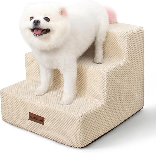 Dog Stairs for Small Dogs & Cats, 3-Step Non-Slip Pet Steps for Couch Sofa and Chair, Beige, 13.6" H-PawvioPets
