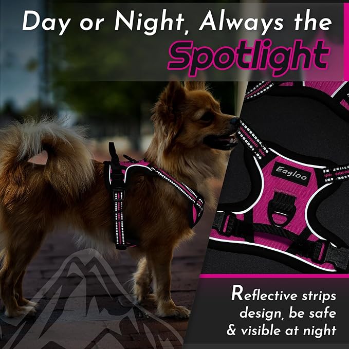 Eagloo Small Dog Harness No Pull, Service Vest with Reflective Strips and Control Handle, Adjustable and Comfortable for Easy Walking, No Choke Pet Harness with 2 Metal Rings, Rose Red, XS-PawvioPets