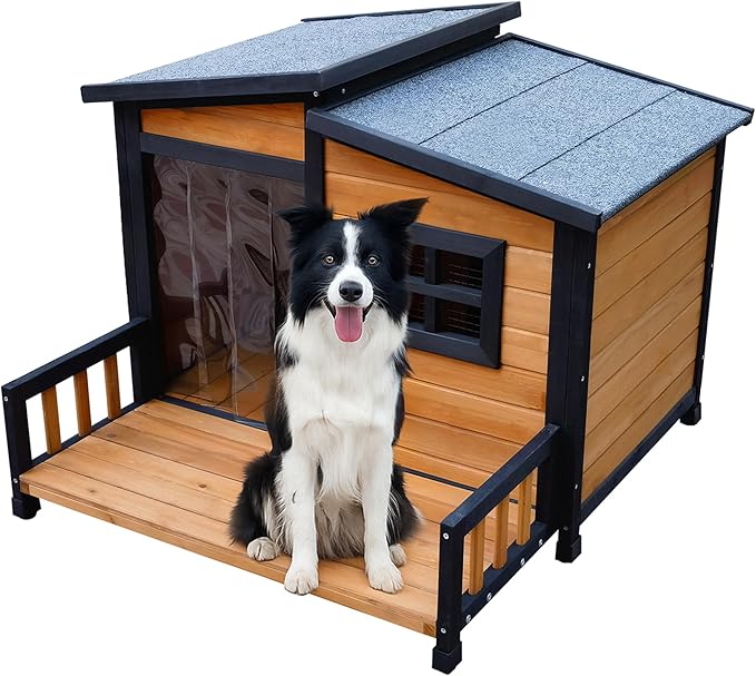 GARWOOD Large Outdoor Indoor Wooden Dog House for Small Large Dog Kennel Wood Sturdy Pet Puppy Warm Home with Durable Weatherproof Asphalt Roof Insulated Elevated Floor Outside Shelter Brown 39x37x30“-PawvioPets