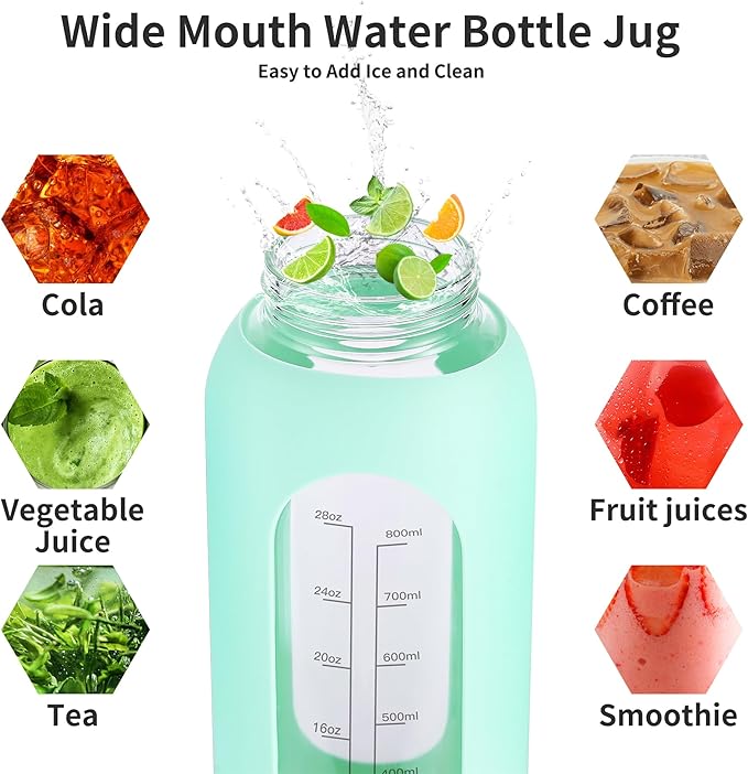 64 oz Glass Water Bottle With Straw and Handle, Half Gallon Sports Motivational Water Jug Flask with Silicone Sleeve, Large Water Cup with Time Marker for Travel, Gym, Beige-PawvioPets