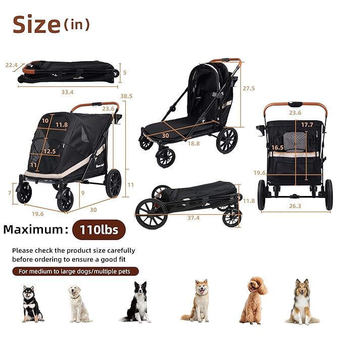 Dog Stroller for Large Dogs One-Click Folding 4 Wheel Foldable Dog Stroller for 2 Dogs with Storage Pocket Suitable for Pets Up to 110LBS (Black, Large)-PawvioPets