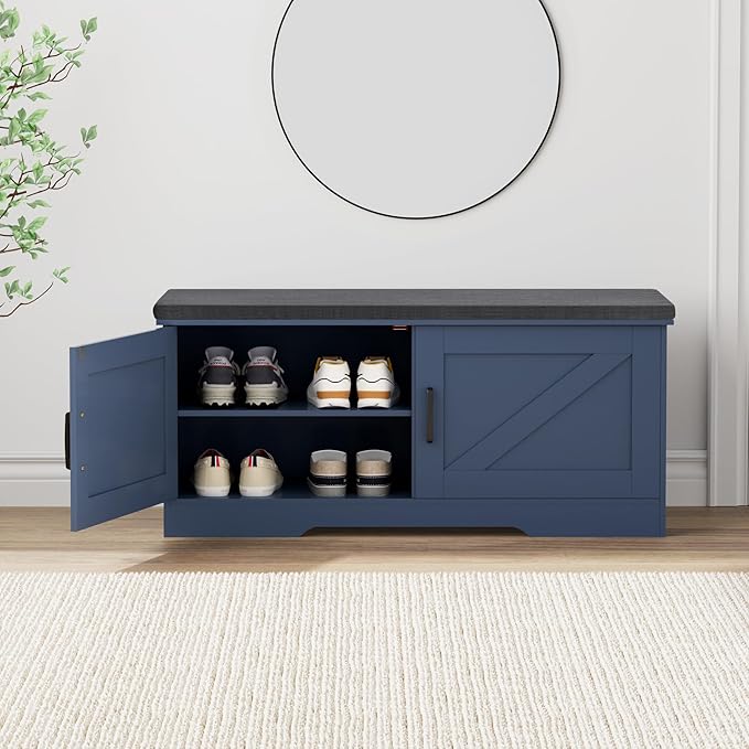 2-Tier Storage Bench, Shoe Bench with Padded Seat Cushion, Entryway Bench with 2 Barn Doors, Adjustable Shelf, 13.8" D x 39.4" W x 17.7" H, for Entryway, Living Room, Bedroom, Blue-PawvioPets