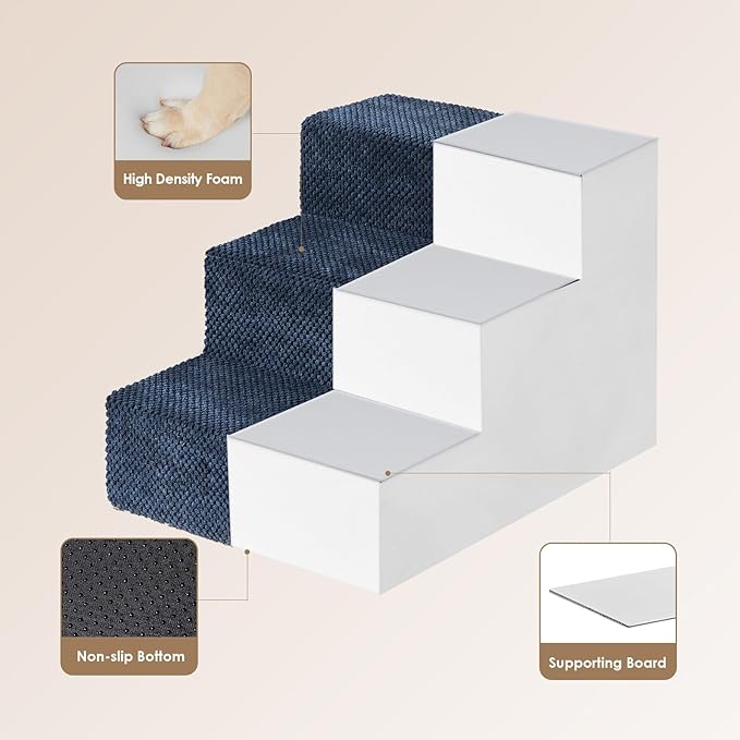 EHEYCIGA Dog Stairs for Small Dogs 13.5" H, 3-Step Dog Steps for Couch Sofa and Chair, Pet Steps for Medium Cats, Non-Slip Balanced Pet Ramp Indoor, Navy Blue-PawvioPets