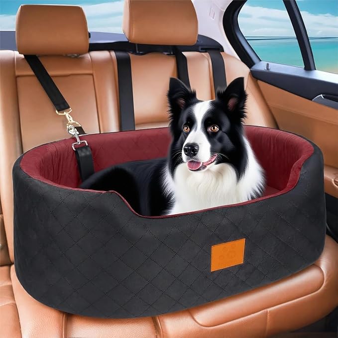 Dog Car Seat for Medium Dogs Up to 50 lbs, Pet Booster Seat for Cars SUVs and Trucks, Travel Dog Bed with Safety Strap, Thick Cushion, Non-Slip Base, Washable and Portable(Black/Red-PawvioPets