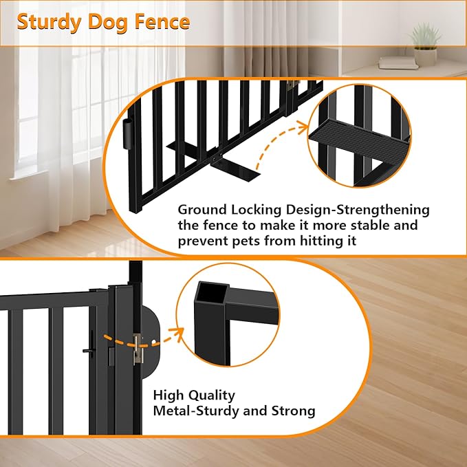 Free Standing Dog Gate with Door for Indoor Outdoor, Portable Dog Fence Foldable Design, Metal Black 32" Tall, Expandable 4 Panels Use for Front Door, Yard, Stairs-PawvioPets