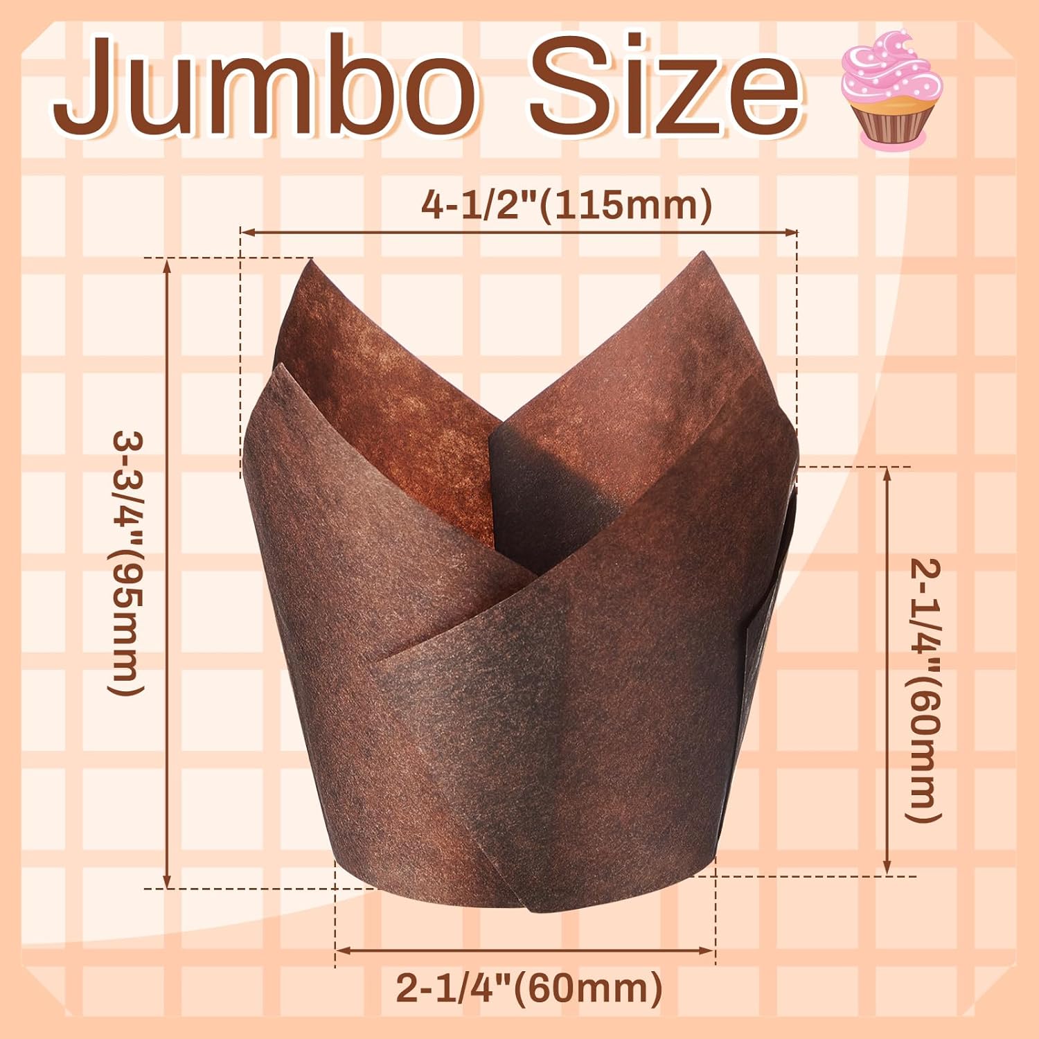 300 Pcs Jumbo Muffin Liners for Baking 2-1/4" x 4" Large Tulip Cupcake Liners Greaseproof Cupcake Wrapper Paper for Weddings Birthday Christmas Anniversaries Party (Brown)