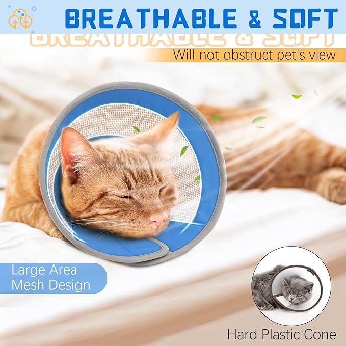 Breathable Air Mesh Cat Cone Collar Soft to Stop Licking, Adjustable, Foldable Lightweight Kitten Cones After Surgery Recovery for Cats & Kittens (Blue, S)-PawvioPets