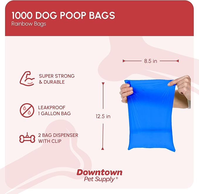 Downtown Pet Supply Dog Waste Bags (1000 CT - Rainbow Bags & 2 Dispensers) Clips to Dog Leashes & Harnesses - Poop Scoop Bags are Leak-Proof & Unscented-PawvioPets