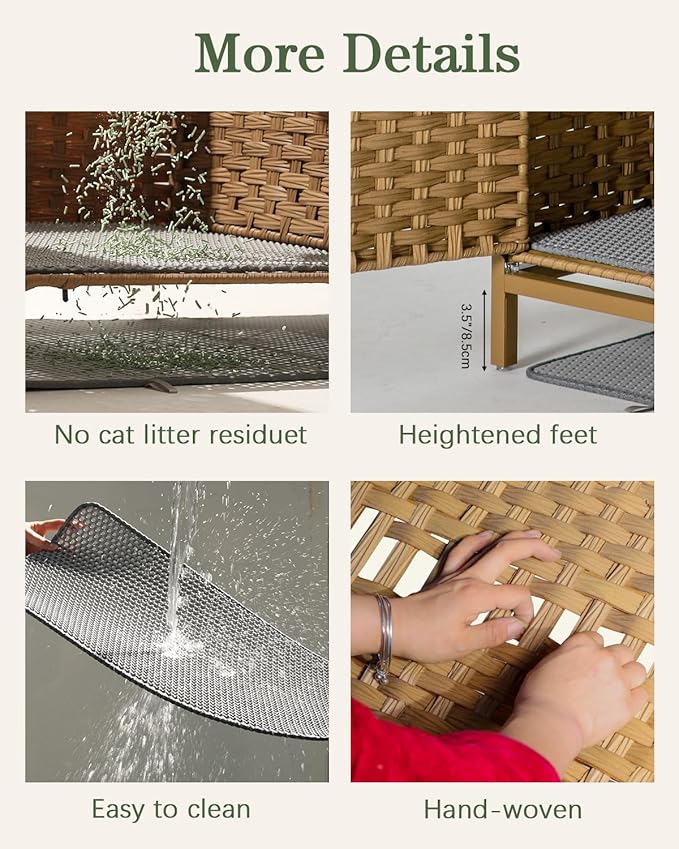 Cat Litter Box Enclosure Furniture with Divider, Handwoven Rattan Litter Box with Mat, 31.2 x 19.6 x 24.2 Inches, Metal Heightened Feet, Hidden Cat House for Living Room, Bedroom (Natural)-PawvioPets