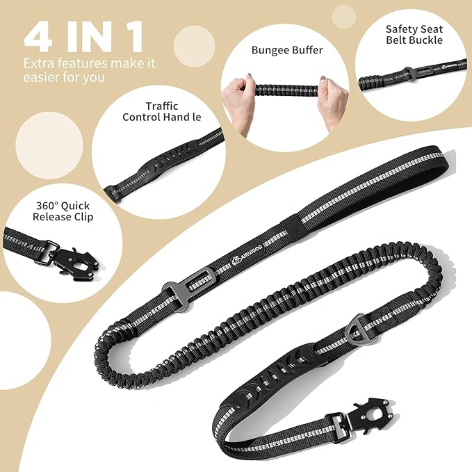 4-6FT Heavy Duty Dog Leashes for Large Dogs, Shock Absorbing Bungee Tactical Leash with 2 Padded Handle, Car Seatbelt and Metal Carabiner Clip, Strong No Pull Dog Leash for Medium-PawvioPets