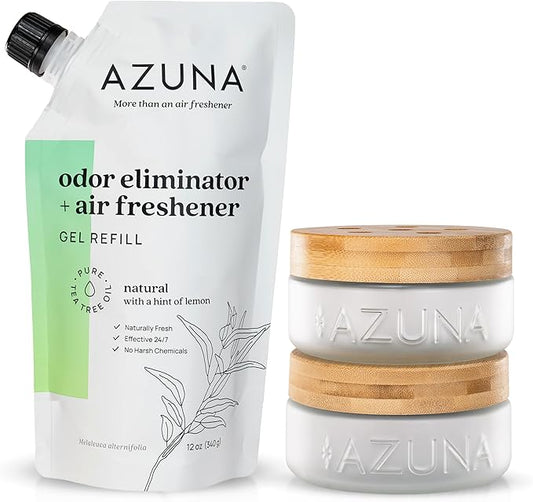 Azuna Air Freshener & Odor Eliminator for Strong Odor | 2 Room Kit Includes (2) 8 oz. Empty Luxe Glass Jars & 12 oz | Refill with Tea Tree Essential Oil Gel | Natural Scent | Last 60-90 Days-PawvioPets