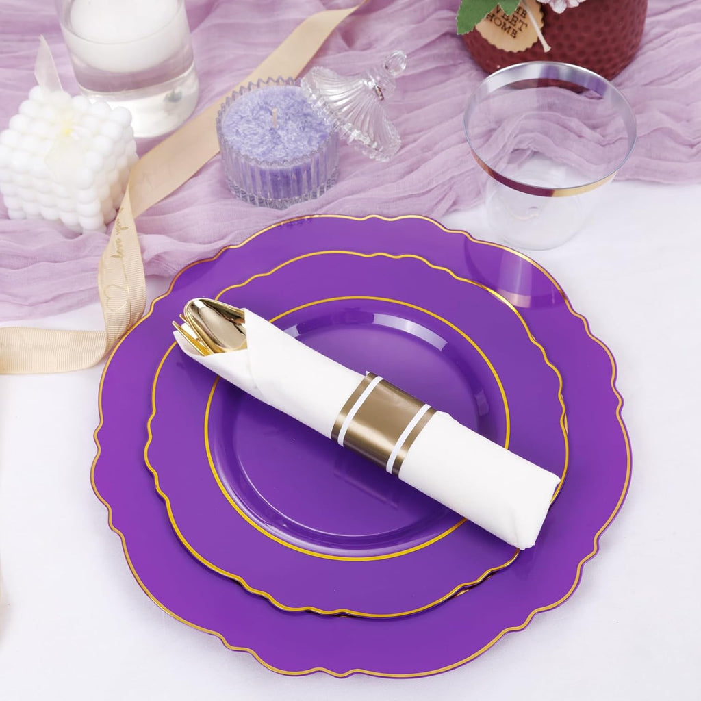 Liacere 350PCS Purple Plastic Plates-Disposable Purple and Gold Plates 50 guest Baroque Plastic Dinnerware include 100Plates,50Pack Pre Rolled Napkins with Silverware 50Cups for Halloween
