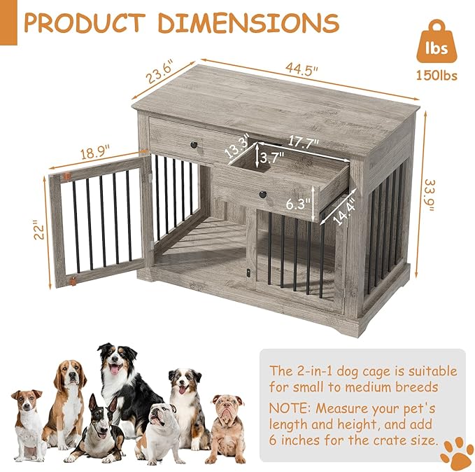 Dog Crate Furniture, 44 Inch Wooden Dog Kennel Indoor with 2 Storage Drawers, Heavy Duty Large Crate Furniture, Decorative End Table Cage Furniture for Small/Medium/Large (Grey)-PawvioPets