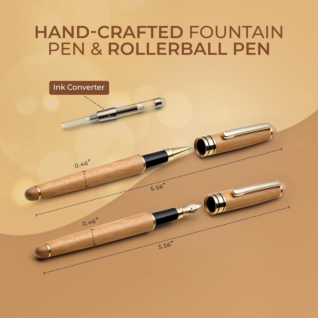 ZenZoi Wood Pen Set - Bamboo Fountain Pen w/Fine Nib & Rollerball Pen. Smooth Writing, Refillable, Vintage, Crafted, Journaling Pen. Luxury Pen Gift Set for Men, Women, Ink Converter.