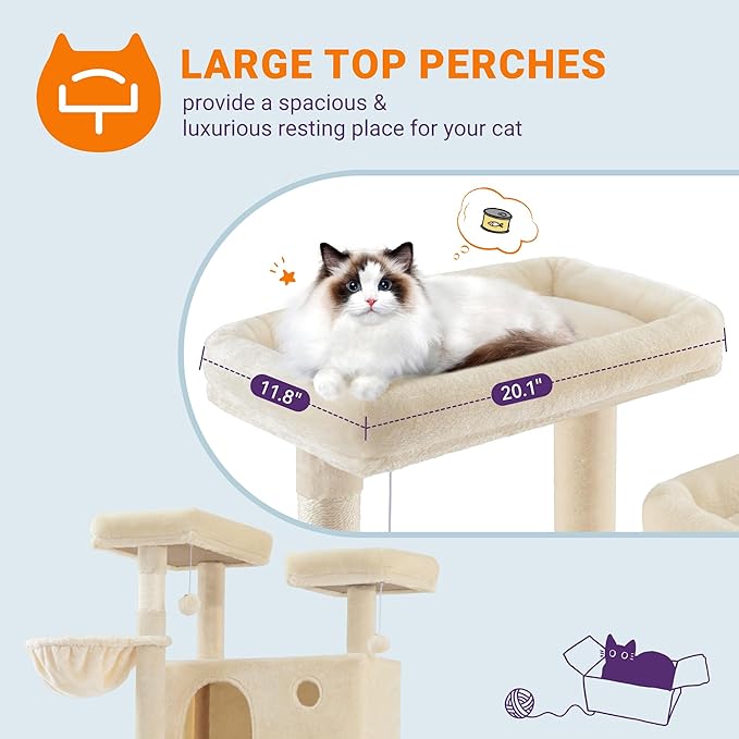 Allewie 81 Inches Tall Cat Tree/Multi-Level Large Climbing Tree House and Towers for Big Feline/Condo and Hammock/Scratching Post/Wide Base/Beige-PawvioPets