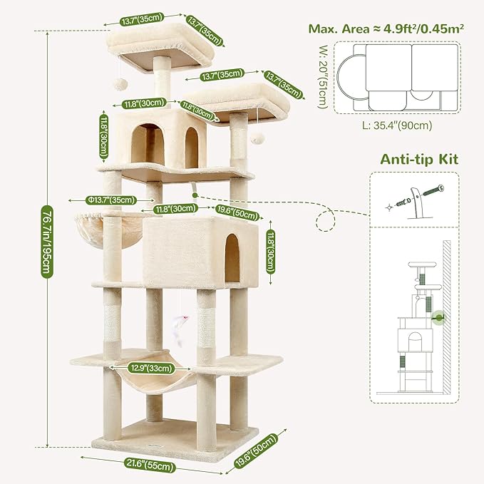Globlazer Cat Tree Tower, 76-Inch Extra Tall Multi-Level Cat Furniture with Cozy Condos, Hammock and Perches for Adult Cats, Perfect for Climbing, Scratching, and Play, F76, Beige-PawvioPets