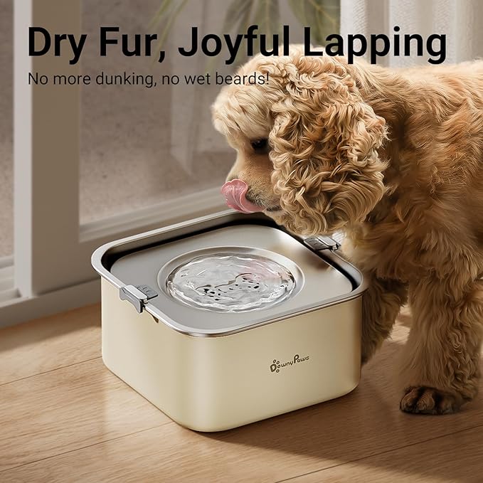 DownyPaws No Spill Water Bowl for Dogs,101oz/3L Slobber Stopper Stainless Steel, Slow Drinking Dog Water Bowl, No Mess Dog Water Dispenser Spill Proof, Dishwasher Safe, Beige-PawvioPets