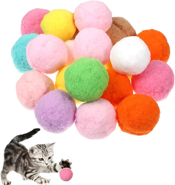 20Pcs 1.6" Cat Toy Balls, Soft Kitten Pom Pom Toys, Plush Interactive Playing Quiet Ball Cats Favorite Toy, DIY Craft Decorations, Training and Sensory Enrichment-PawvioPets