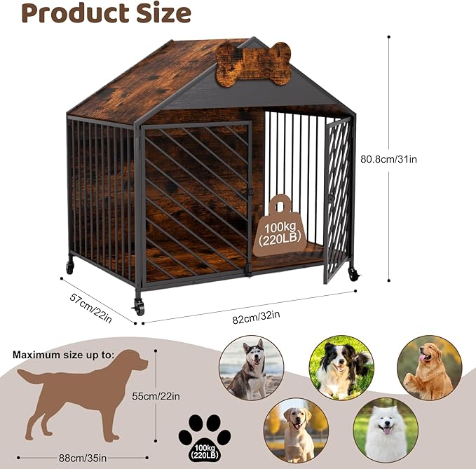 Furniture-Style Dog Crate with Gable Roof Design, Double Locking Doors Indoor Kennel for Small & Medium Dogs, Chew-Proof Escape-Proof Dog Cage, Rustic Brown-PawvioPets
