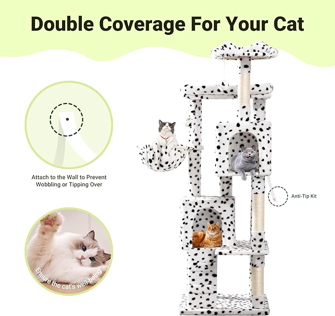 Allewie 64 Inches Cat Tree Tower/Multi-Level Activity Center for Indoor Big Felines/2 Plush Condos/2 Perchs/Basket/House/Sisal Scratching Posts/Hanging Cat Toys/White & Black Spot-PawvioPets