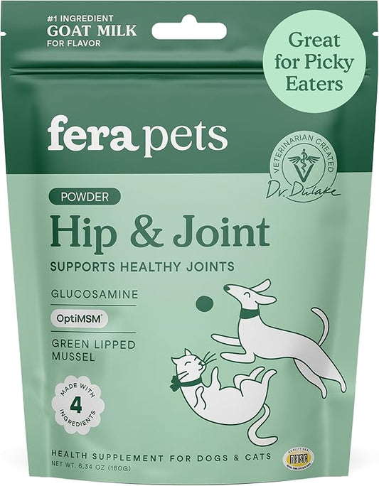 Fera Pets Goat Milk - Cat & Dog Hip and Joint Support with Glucosamine, MSM & Green Lipped Mussel - Supports Flexibility, Mobility & Bone Health - for Picky Eaters - 60 TSP-PawvioPets