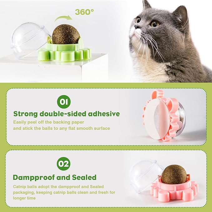 360° Catnip for Cats Wall Catnip Rollerball Licking Ball Cat Nips Mint Magic Cat Stick on Wall Crack Balls Lickable Play Chew Teeth Cleaning Pet Chew Indoor Outdoor-PawvioPets
