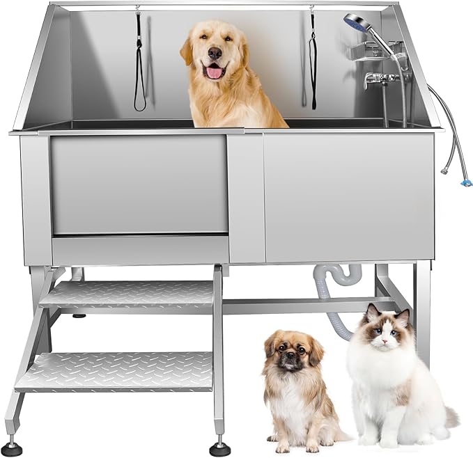 Dog Bathtub XL Professional 62inch Dog Washing Station Stainless Steel Pet Grooming Tub for Extra Large Dogs Wash Tub, Medium, Small Dogs Cats with Left Sliding Doors, Steps, Right Faucets-PawvioPets