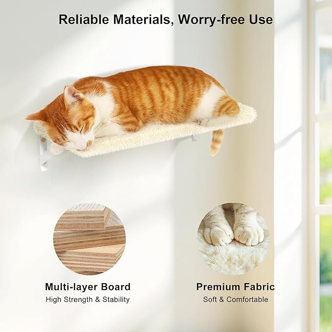 FUKUMARU Cat Wall Shelves, Stable & Safe 4 in 1 Large Cat Walls Furniture Set, Wooden Kitten Climbing Wall with Scratching Post for 16 Inch Drywall - Beige-PawvioPets