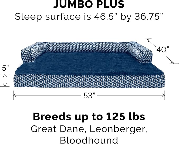 Furhaven Memory Foam Dog Bed for Large Dogs w/ Removable Bolsters & Washable Cover, For Dogs Up to 125 lbs - Plush & Woven Decor Comfy Couch Sofa - Diamond Blue, Jumbo Plus/XXL-PawvioPets
