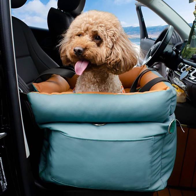 Dog Car Seat for Small Dogs, Large Leather Dog Car Bed with Storage Pocket, Waterproof PVC Leather Booster Seat Travel Bed for Front & Back Seat, Clip-On Safety Leash (Blue/Brown)-PawvioPets