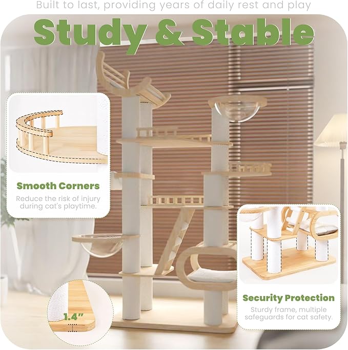 82.7'' Large Cat Tree, Modern Cat Tower with Scratching Post, Luxury Cat House, Wood Cat Tree for Indoor Cats Large Adult, Multi-Level Activity Center with Hammock, Clear Bowl, Semi-Closed Condo-PawvioPets