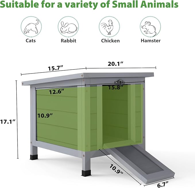 Coziwow Rabbit Hutch, Outdoor Cat House Weatherproof, Bunny Cage Indoor with Openable, Portable Small Animals Shelters with Nonslip Ramp for Hideout Rabbits/Feral Cats/Chicken/Duck/Small Animals-Gray-PawvioPets