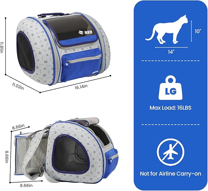 Cat and Dog Backpack Carrier, Foldable Breathable Pet Carrier Backpack with Mesh Ventilation, Large Portable Outing Traveling Pet Bag for Small, Medium Cats, Small Dogs, Blue-PawvioPets
