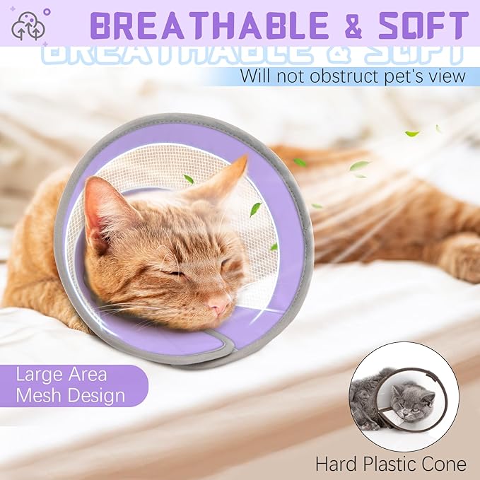 Breathable Air Mesh Cat Cone Collar Soft to Stop Licking, Adjustable, Foldable Lightweight Kitten Cones After Surgery Recovery for Cats & Kittens (Purple, M)-PawvioPets