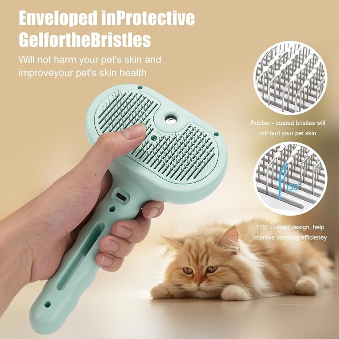3-in-1 Pet Steam Brush, Grooming Comb with Water Tank for Cats and Dogs, Long and Short Hair (Green)-PawvioPets
